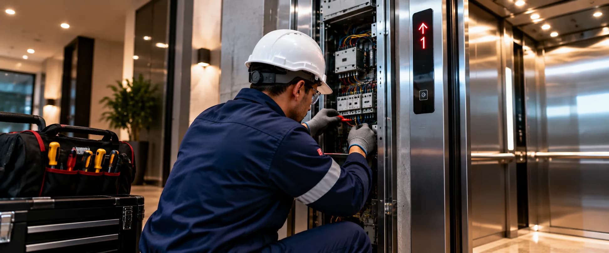 Técnico realizando atendimento de assistência em elevador