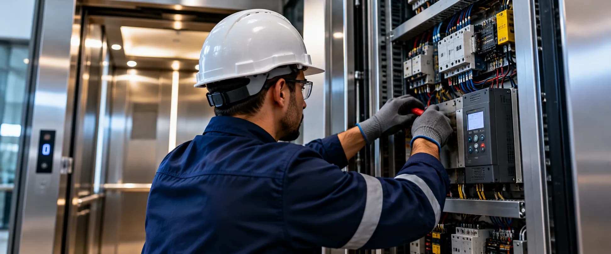 Técnico realizando manutenção em elevador