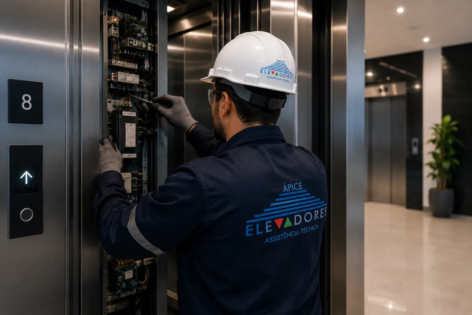 Técnico da Ápice Elevadores realizando manutenção em elevador